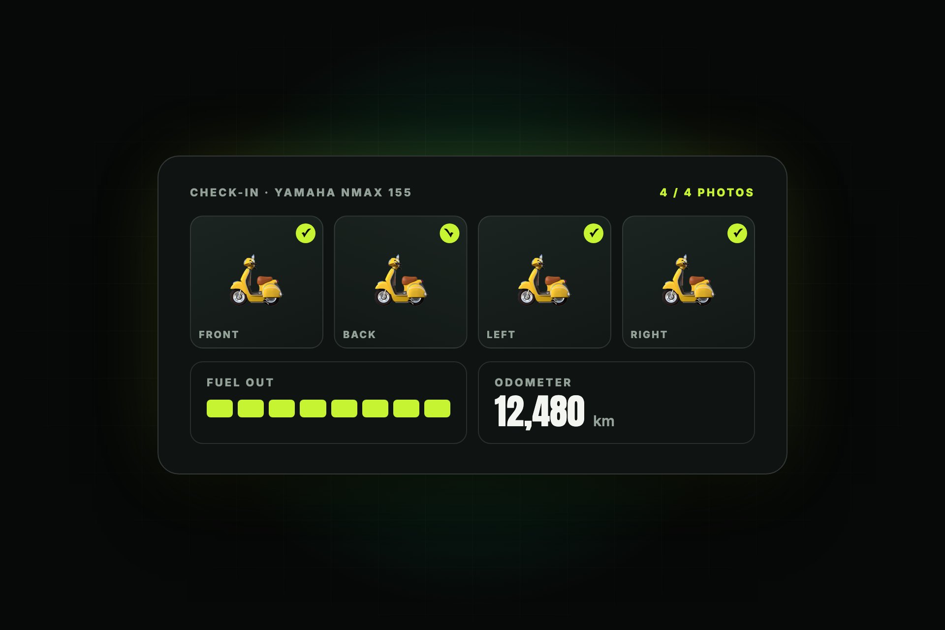 Illustration of a check-in screen with photos of a scooter from four sides, a fuel gauge and an odometer reading
