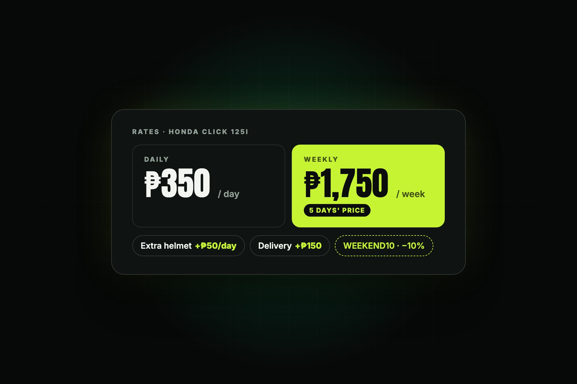 Illustration of a rate card showing daily and weekly rates, add-ons and a promo code